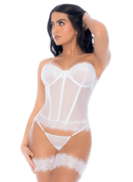 Ensemble 4 pièces blanc, bustier, string et 2 jarretières - MAL8933WHT